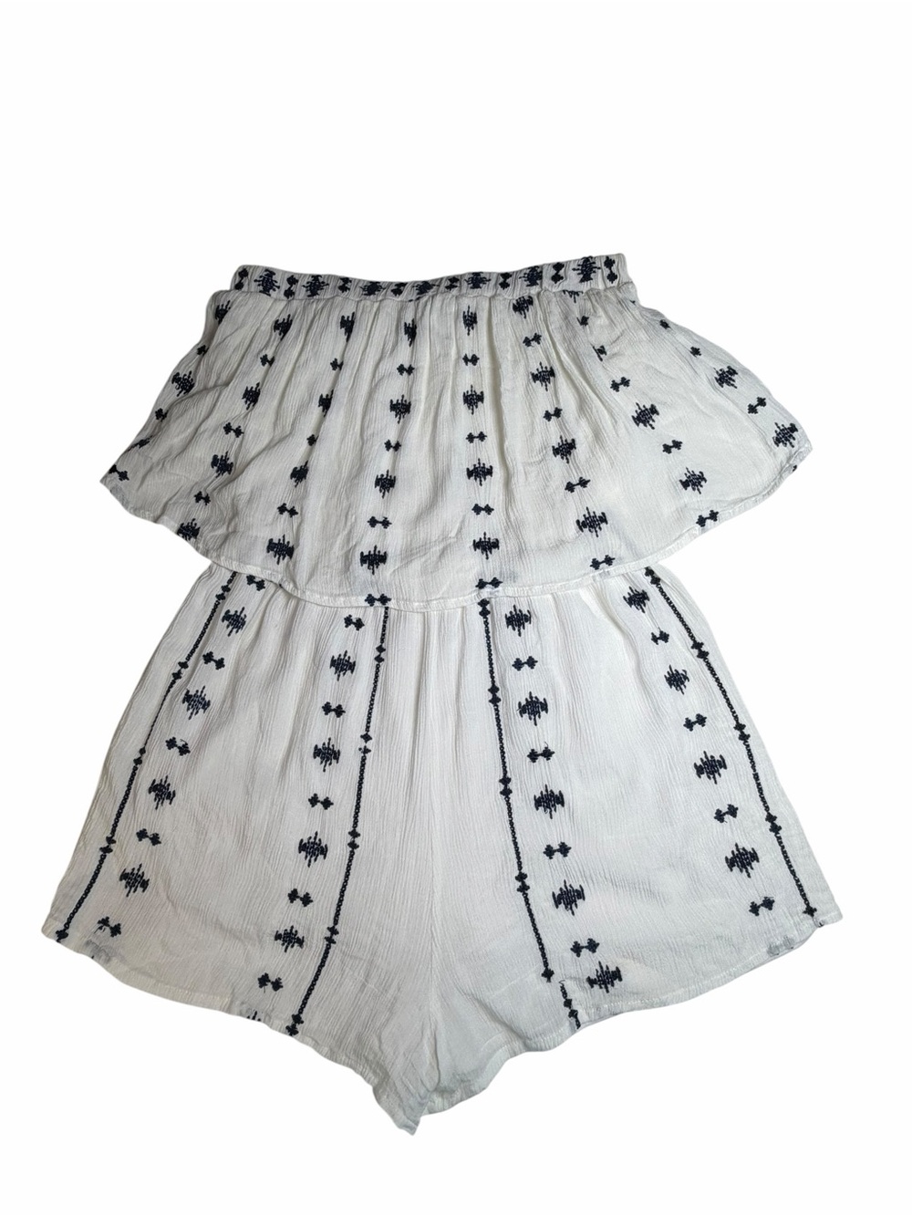 Size Medium White Strapless Romper with Navy Embroidery